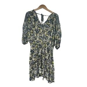 Mittoshop Polyester Scoop Neck Green Black Floral Tie Back Mini Dress L Boutique